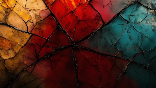 Abstract stained glass texture with vivid red, blue, and yellow hues.