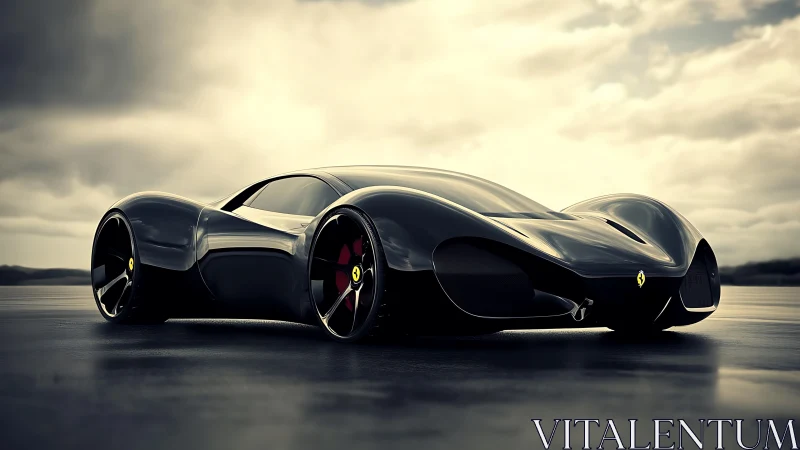 Sculpted black supercar concept glows under stormy light