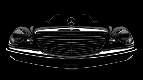 Luxury black coupe front grille gleams in dramatic darkness.