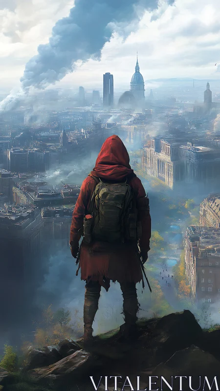 Solitary wanderer surveys smog-veiled post-apocalyptic metropolis