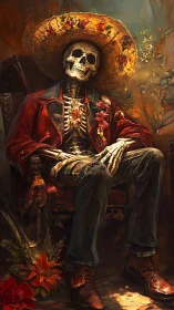 Relaxed skeleton in festive hat enjoying warm autumn glow.