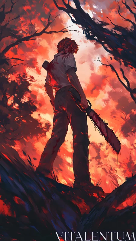 Backlit figure with chainsaw in red-toned woodland scene.