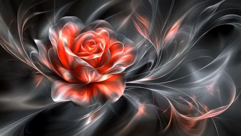 Luminous red rose blooms within swirling ethereal light.