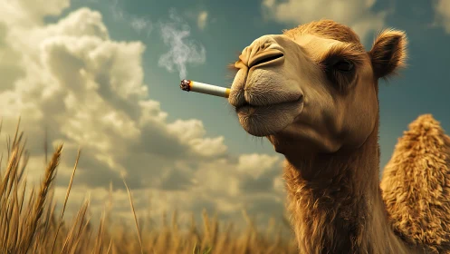 Playful camel poses calmly with a cigarette in open fields