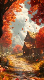 Autumn forest path leading to rustic wooden cottage.