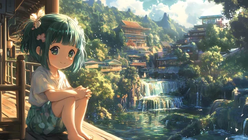 Hydraulic terrace village with reflective anime veranda portrait.