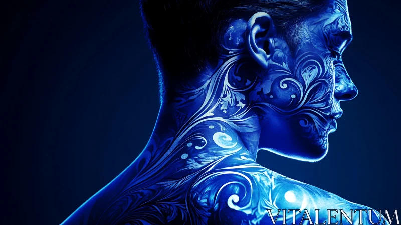 Neon blue portrait blends ornate bioluminescent body art.