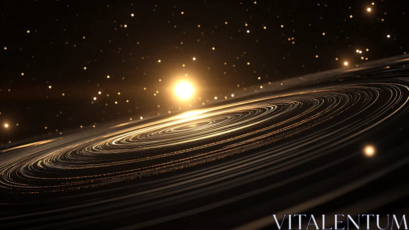 Stellar light over swirling golden planetary ringscape.