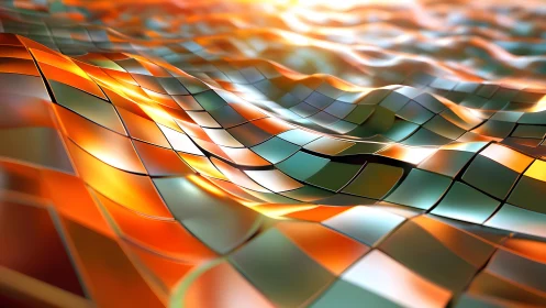 Abstract metallic waves with glowing orange and teal tiles.