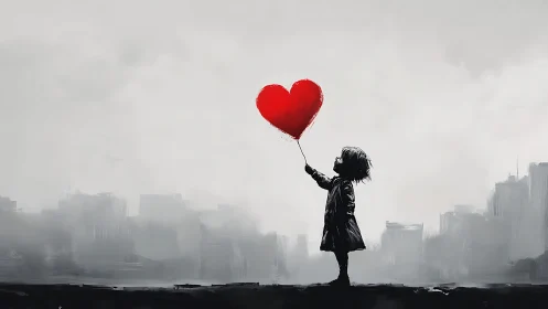 Silhouetted figure holds red heart-shaped object against urban skyline.