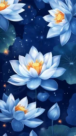 Luminous blue lotus blooms over deep midnight water.
