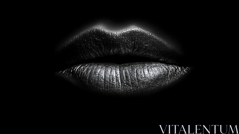 Metallic silver lips on deep black background, close view.