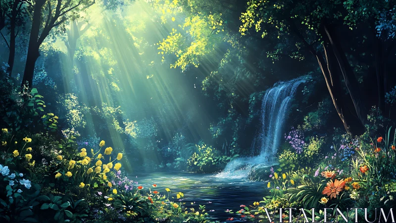 Sunbeams orchestrate a secret waterfall garden symphony
