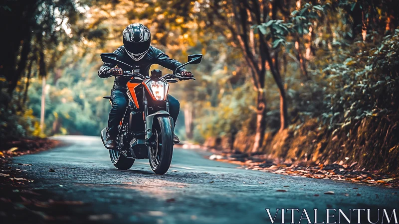 Motorcyclist carving through forest road in cinematic light.