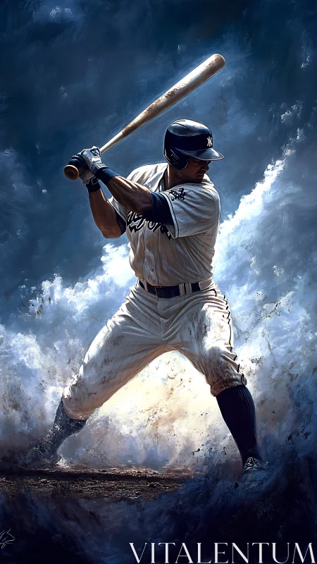 Baseball batter in mid-swing stance with dynamic lighting.