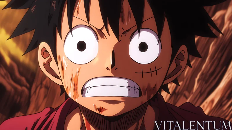 Battle-worn anime hero with intense shocked expression close-up.