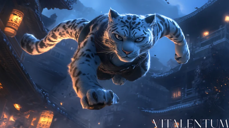 Snow leopard warrior leaping through lantern-lit rooftops.