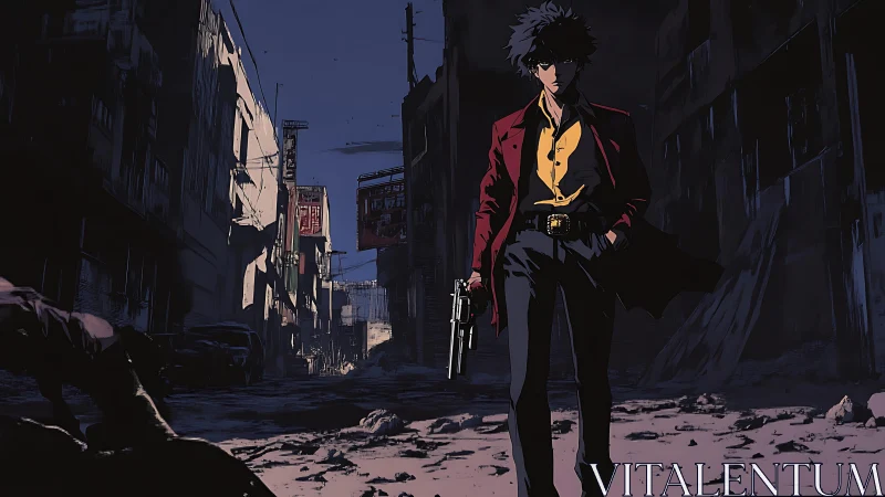 Gun-wielding figure in ruined urban alley at night.