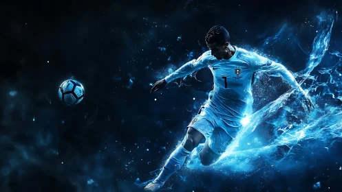 Starlit striker carves a comet trail through liquid neon pitch