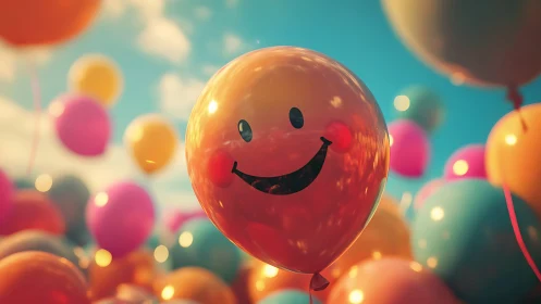 Smiling balloon drifts through a candy colored celebration sky.
