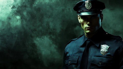 Moody portrait shows uniformed police officer in shadowed light.