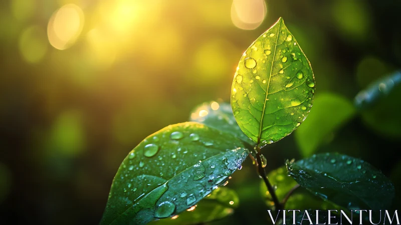Backlit leaf macro captures dewdrop refraction and surface texture