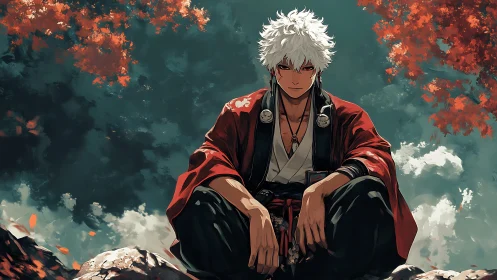 Anime samurai portrait under autumn canopy, cinematic staging.