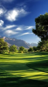 Golf fairway extends toward distant mountains under clear sky