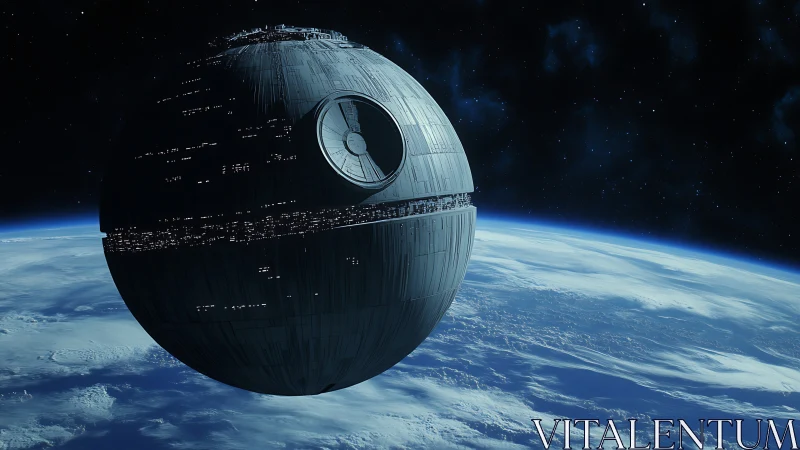 Orbital battle sphere drifts quietly above a blue planet