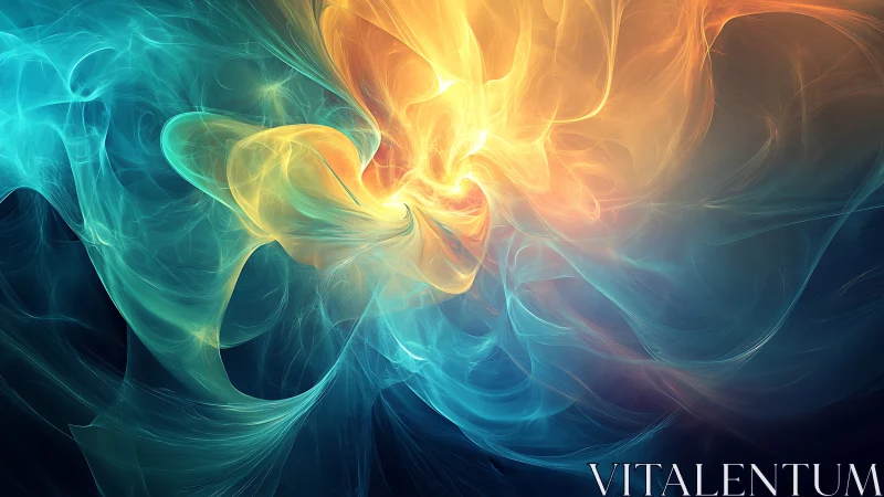 Glowing swirl of teal and gold light in a dreamy cosmic dance.