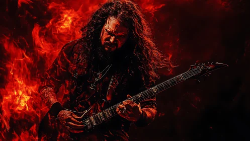 Heavy metal guitarist shreds amid blazing red inferno light