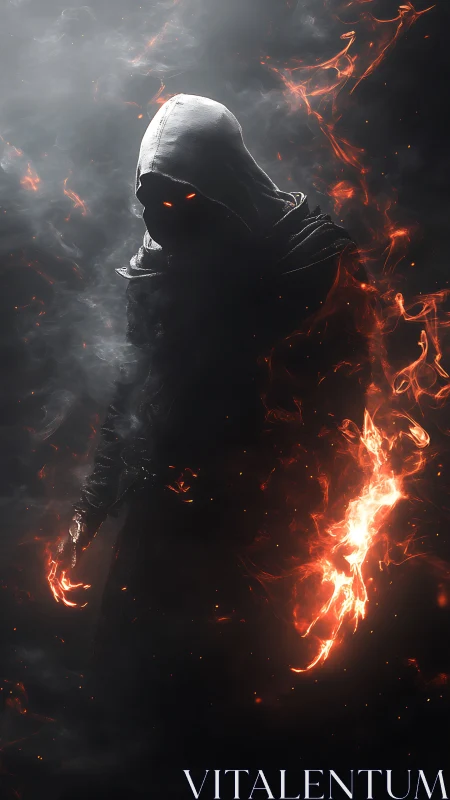 Hooded fire wielder emerging from swirling shadow and smoke.