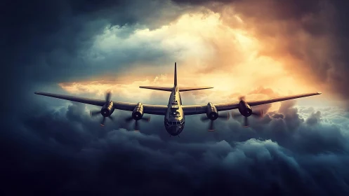 Storm-slicing bomber glides between shadowed cloud kingdoms