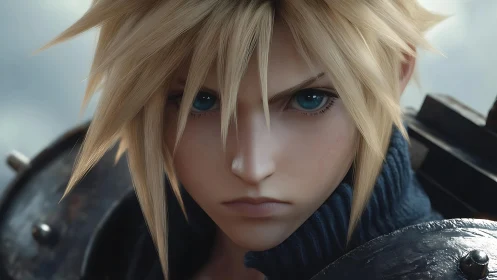 Blond anime warrior stares forward with intense blue eyes