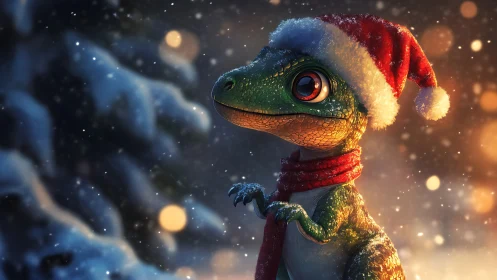 Festive micro-raptor in snowfall with high-gloss 3D texturing.