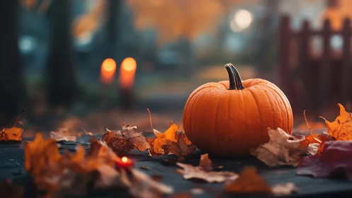 Autumn pumpkin rests among leaves in soft candlelit dusk
