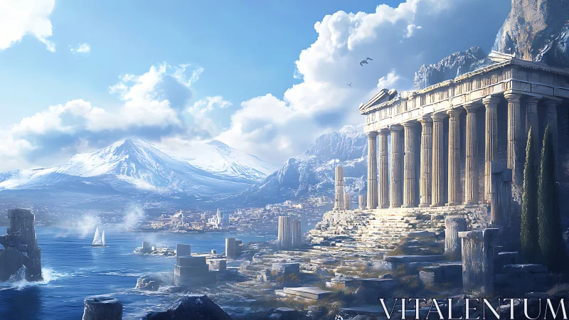 Sunlit classical temple above a serene coastal metropolis.