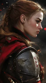 Profile study of red-clad female warrior in armor.