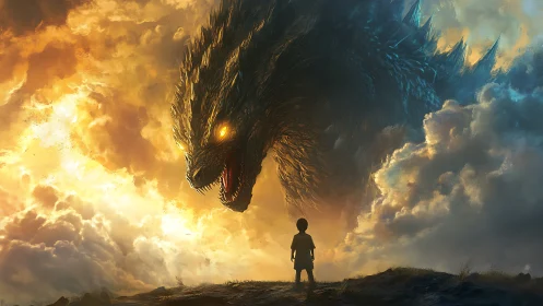 Child confronts colossal dragon amid incandescent storm clouds