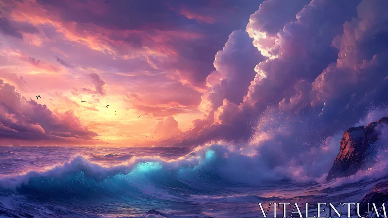 Storm-driven sunset waves strike glowing violet clouds