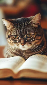 Scholarly Tabby Contemplates Literature Through Fashionable Spectacles