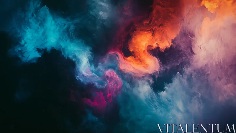 Nebula swirls in cyan and ember over deep cosmic void.