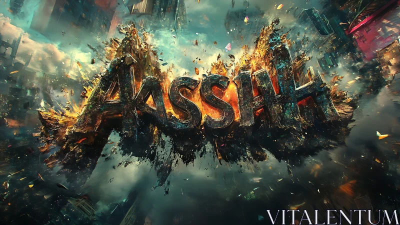 Explosive volumetric typography shattering into urban fragments.