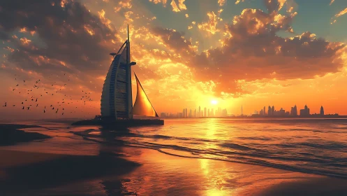 Sunset illuminates sail shaped tower beside distant skyline