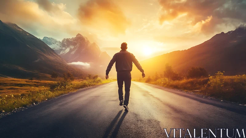Solitary figure on mountain road at vivid sunset horizon.