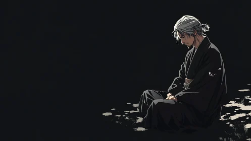 Silent ronin folds his regrets into moonlit meditation