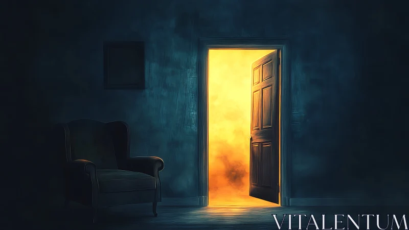Door of molten light ignites a quiet midnight parlor.