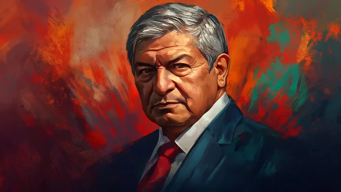 Stoic elder executive portrait in vivid brushwork lighting.