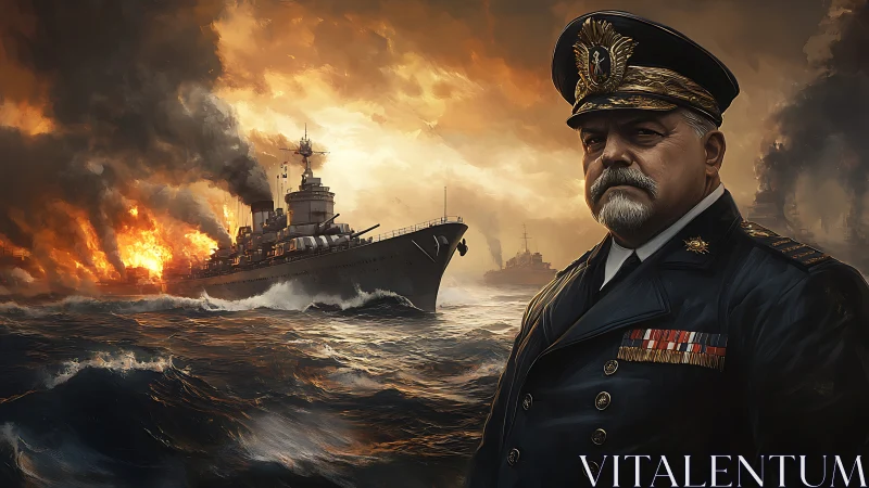 Navy admiral surveys burning battleships during sea assault