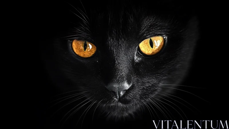 Black Cat's Golden Gaze Pierces the Velvet Darkness Intensely